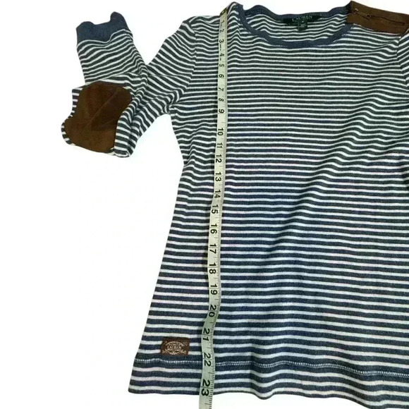 Lauren by Ralph Lauren Soft Cotton Blue/White Stripe Top with suede patch elbow - Picture 9 of 11